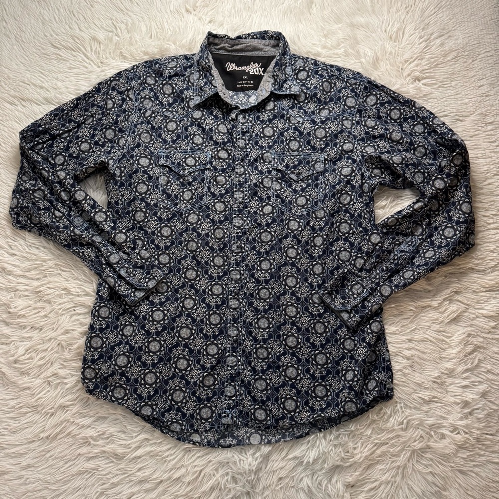 Wrangler Pearl Snap Western Shirt Size XXL 100% Cotton cowboy blue print